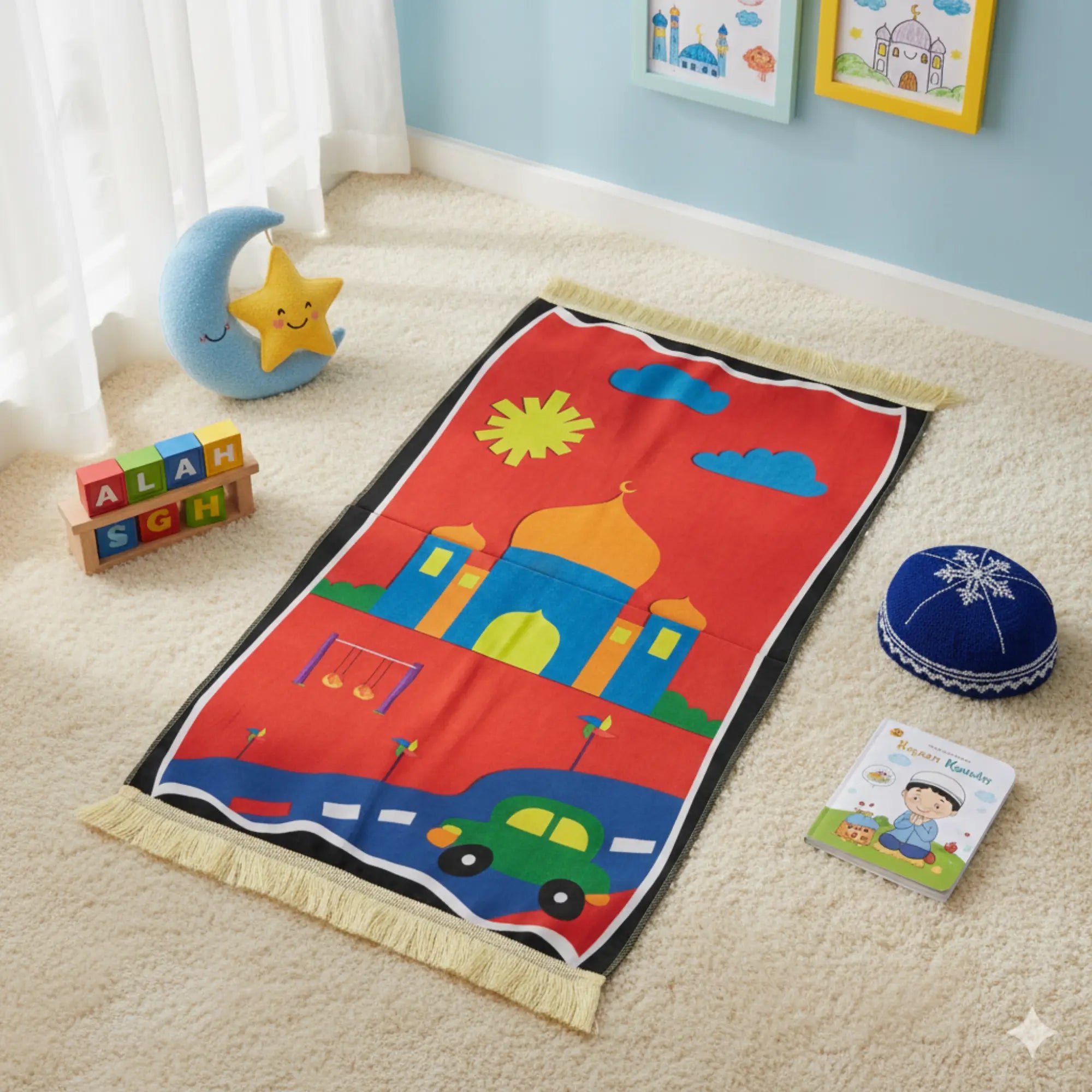 Kids Prayer Mat - Personalized Mat | Janamaz for Kids with a bright red mosque and car design, ideal for young children’s prayer routine. Main image
