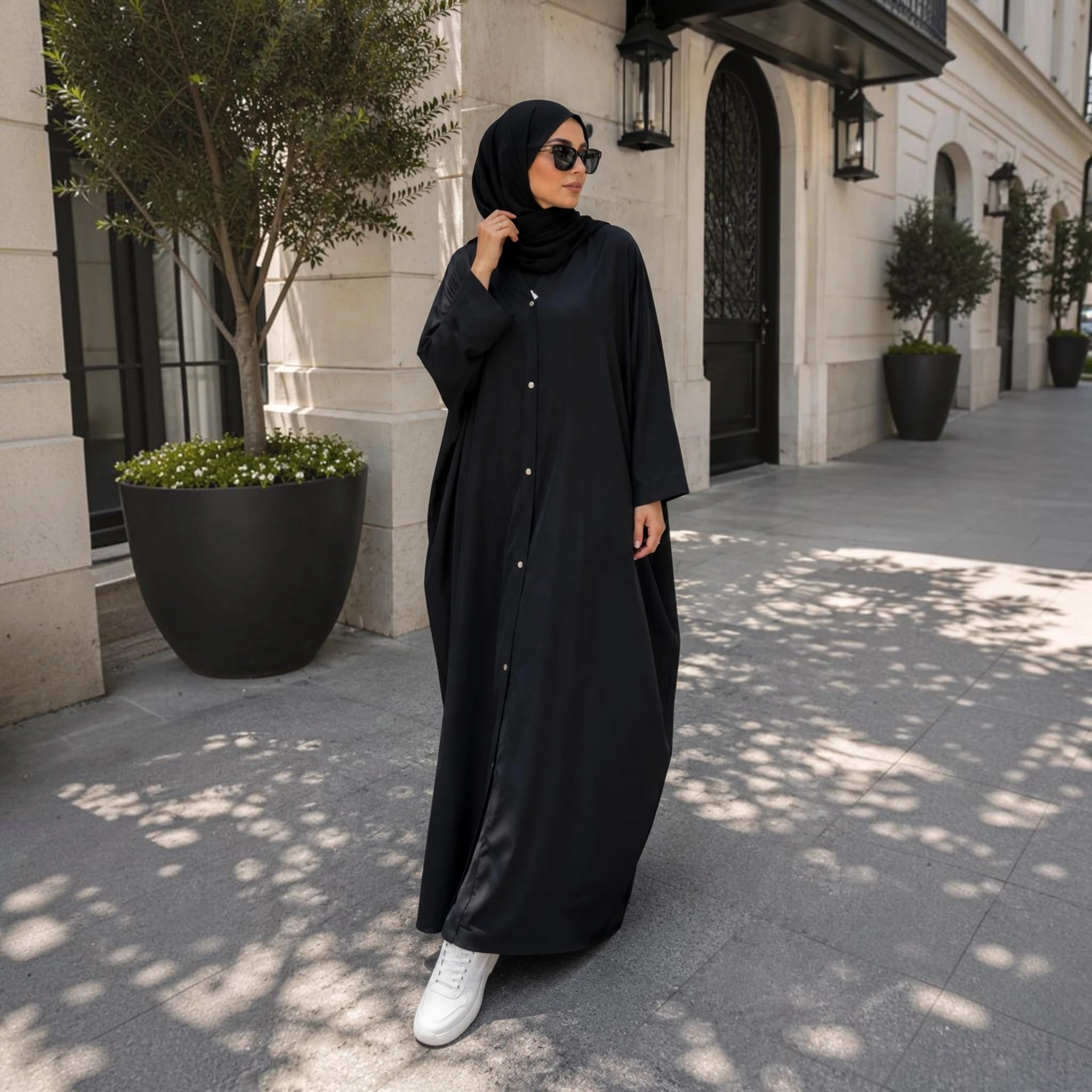 Black Batwing Casual Abaya with Button Detailing Main image