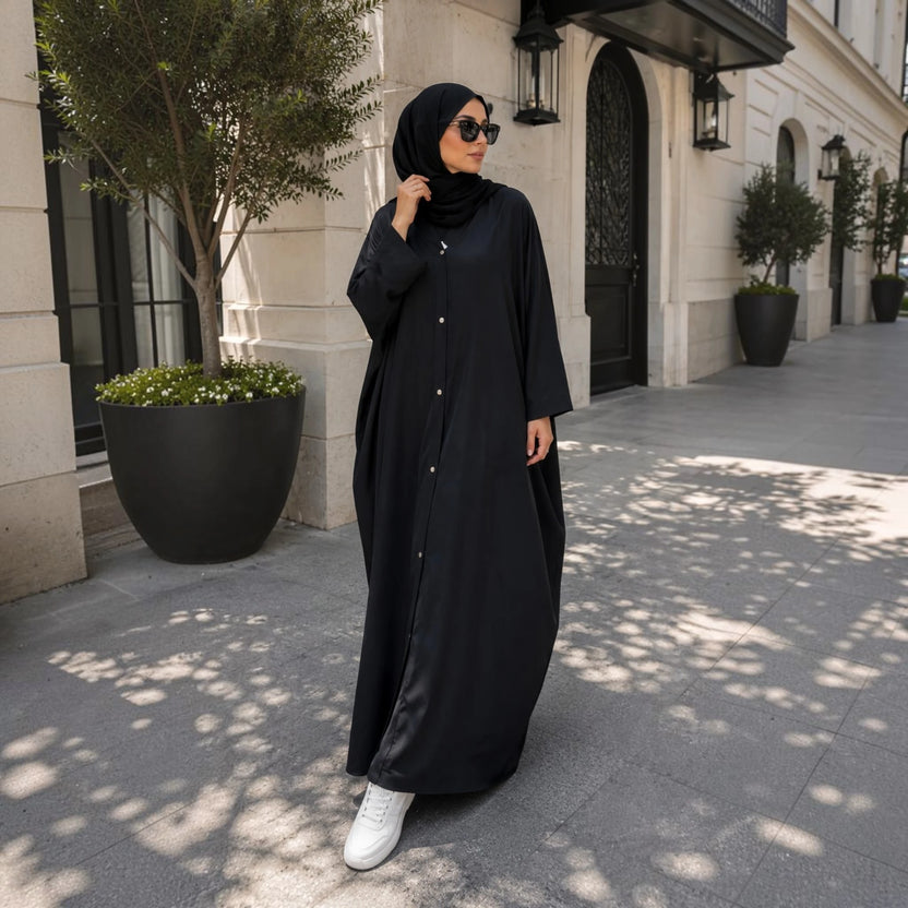 Black Batwing Casual Abaya with Button Detailing Main image