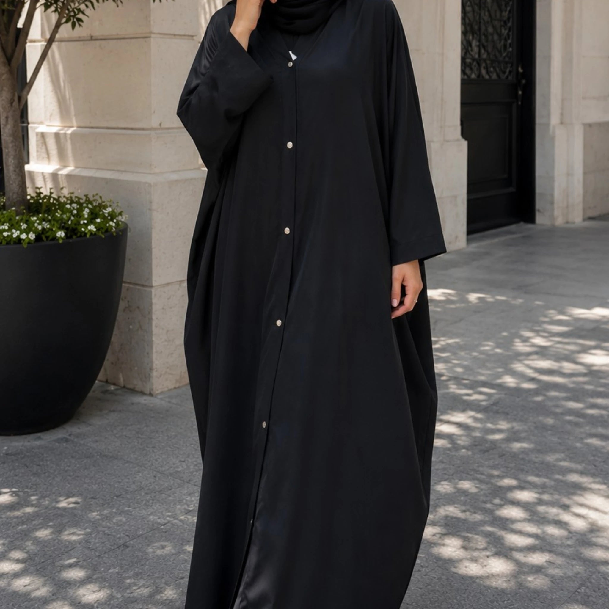 Black Batwing Casual Abaya with Button Detailing Secondary image