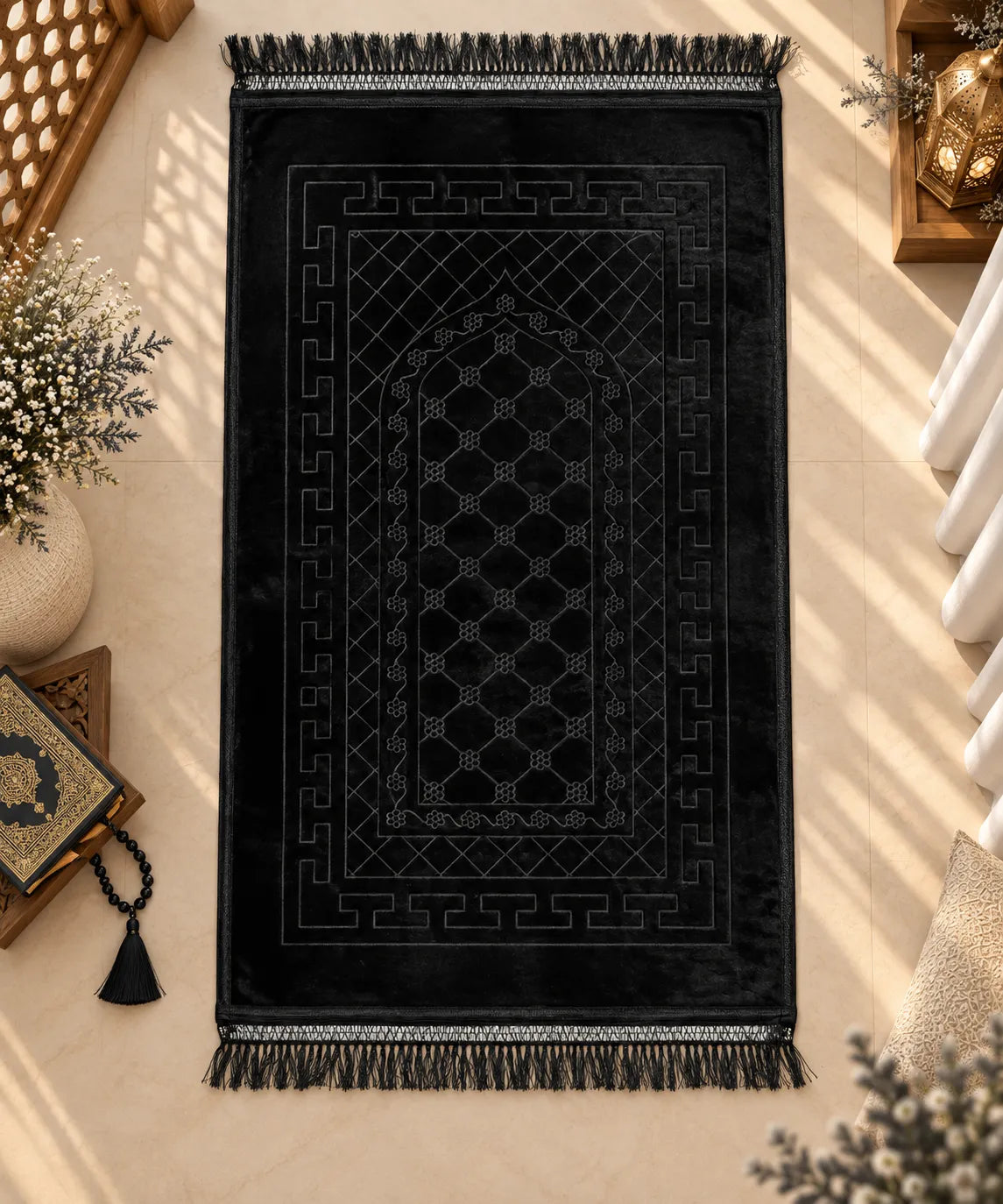Black velvet Janamaz with intricate design – Soft Plush prayer mat from Black Floral Pearl Sawab-E-Jariya Hamper for salah and gifting