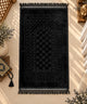 Black velvet Janamaz with intricate design – Soft Plush prayer mat from Black Floral Pearl Sawab-E-Jariya Hamper for salah and gifting