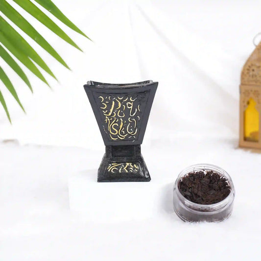 Black Majesty Bakhoor Burner with intricate gold Arabic calligraphy, ideal for Ramadan & EID home decor and bakhoor fragrance rituals.