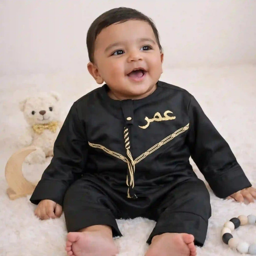 Black Omani Thobe Romper Set for Baby Boys | Islamic Kids Wear, perfect for Eid and Ramadan, featuring gold embroidery and soft fabric. Main image