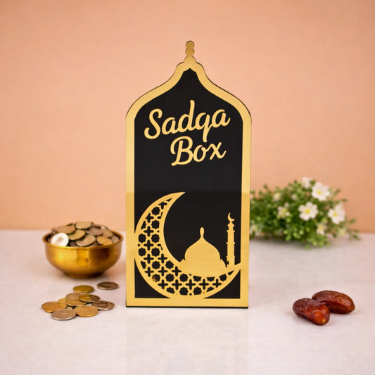 Black Sadaqah Box with gold crescent mosque design, perfect for daily giving and Ramadan & Eid gifting in Religious & Ceremonial items.