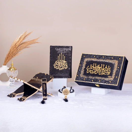 Complete Bling Collection Islamic Gift Set in black with Quran, tasbeeh, rehal, and prayer mat. Perfect for Sawab-e-Jariya gifting.