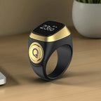 Black and gold Zikr Ring with OLED display and tasbeeh counter, designed for modern prayer and religious use.