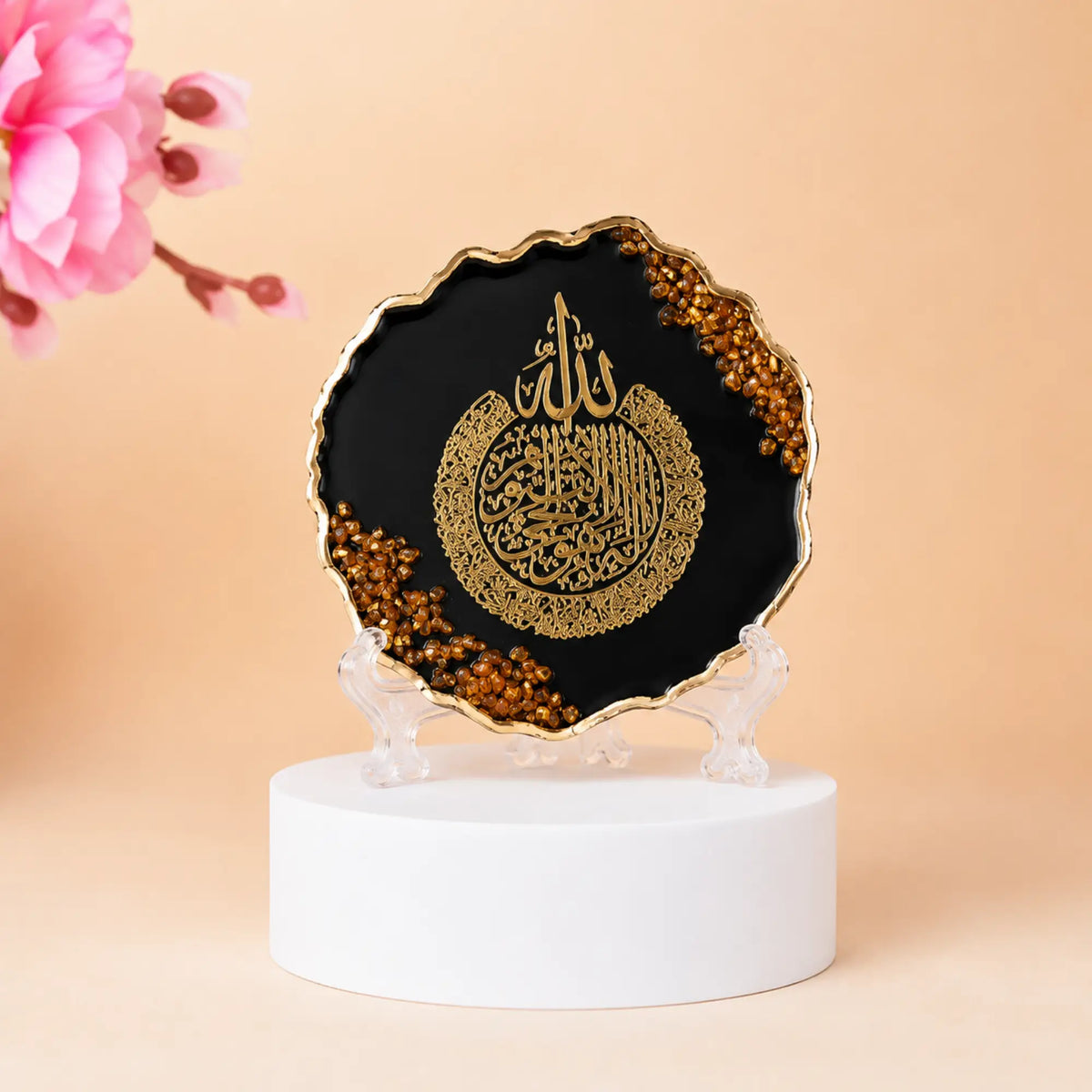 Black 3" Ayatul Kursi Frame with golden flakes, perfect for Ramadan & EID decorations or gifting.