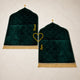Green velvet prayer mats with personalized names and heart design. Part of the Sawab-e-Jariya Bridal Gift set for couples.