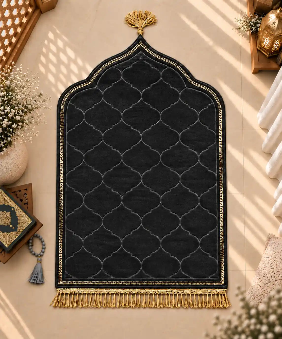 Black dome Janamaz prayer mat with intricate design – Soft Plush Janamaz from Black Floral Pearl Sawab-E-Jariya Hamper Islamic gift