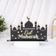 Eid Mubarak stand with mosque silhouette and crescent moon, home decor for Ramadan celebrations