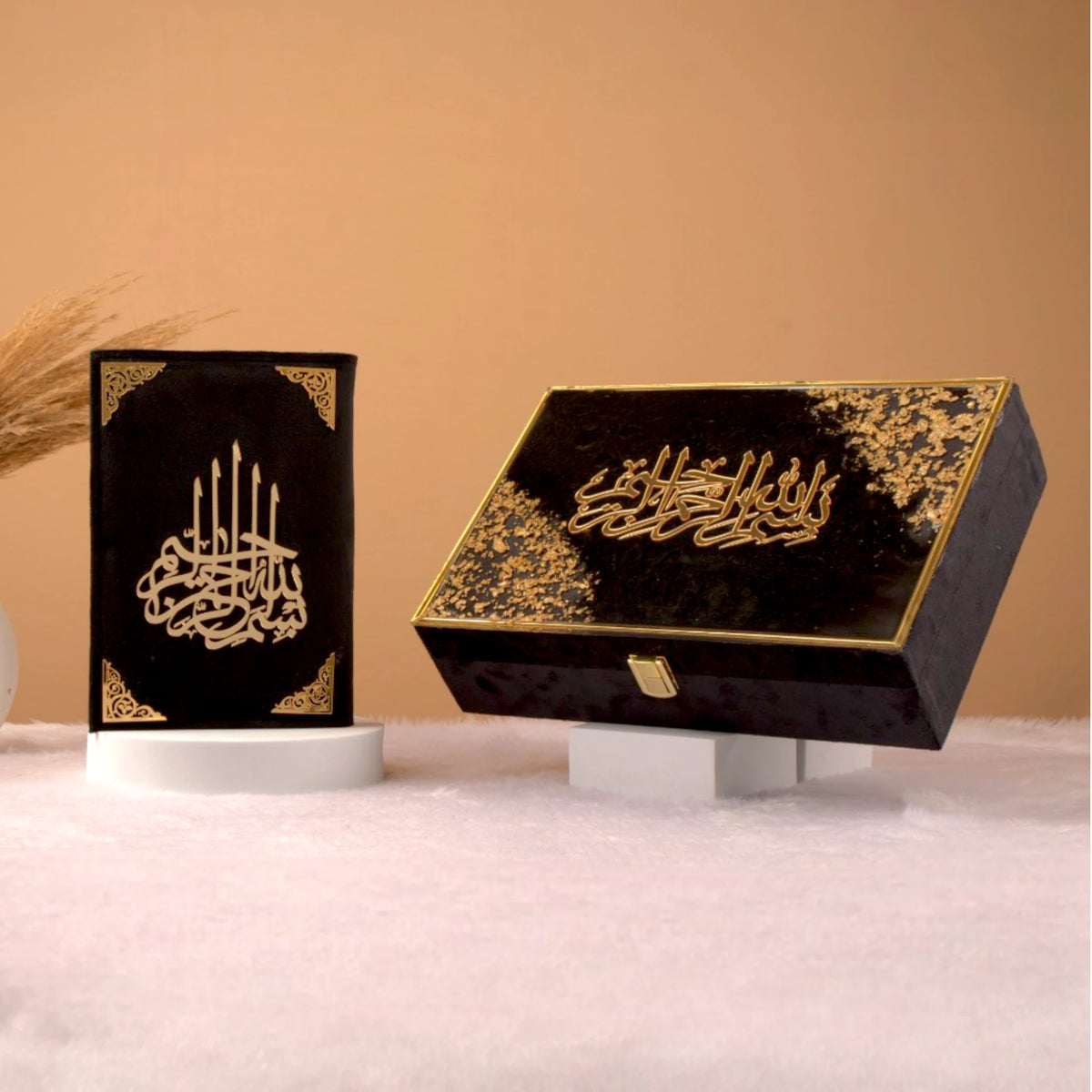 Elegant Black Flakes Rehal Bridal Hamper with velvet Quran and premium gift box, ideal for Islamic wedding gifts and ceremonial occasions.