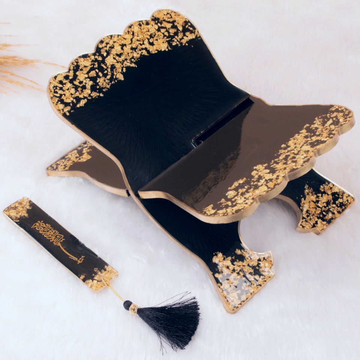 Black and gold Quran rehal from the Sawab-e-Jariya Bridal Gift set. Handcrafted stand for holding the Quran, perfect for ceremonial gifting.