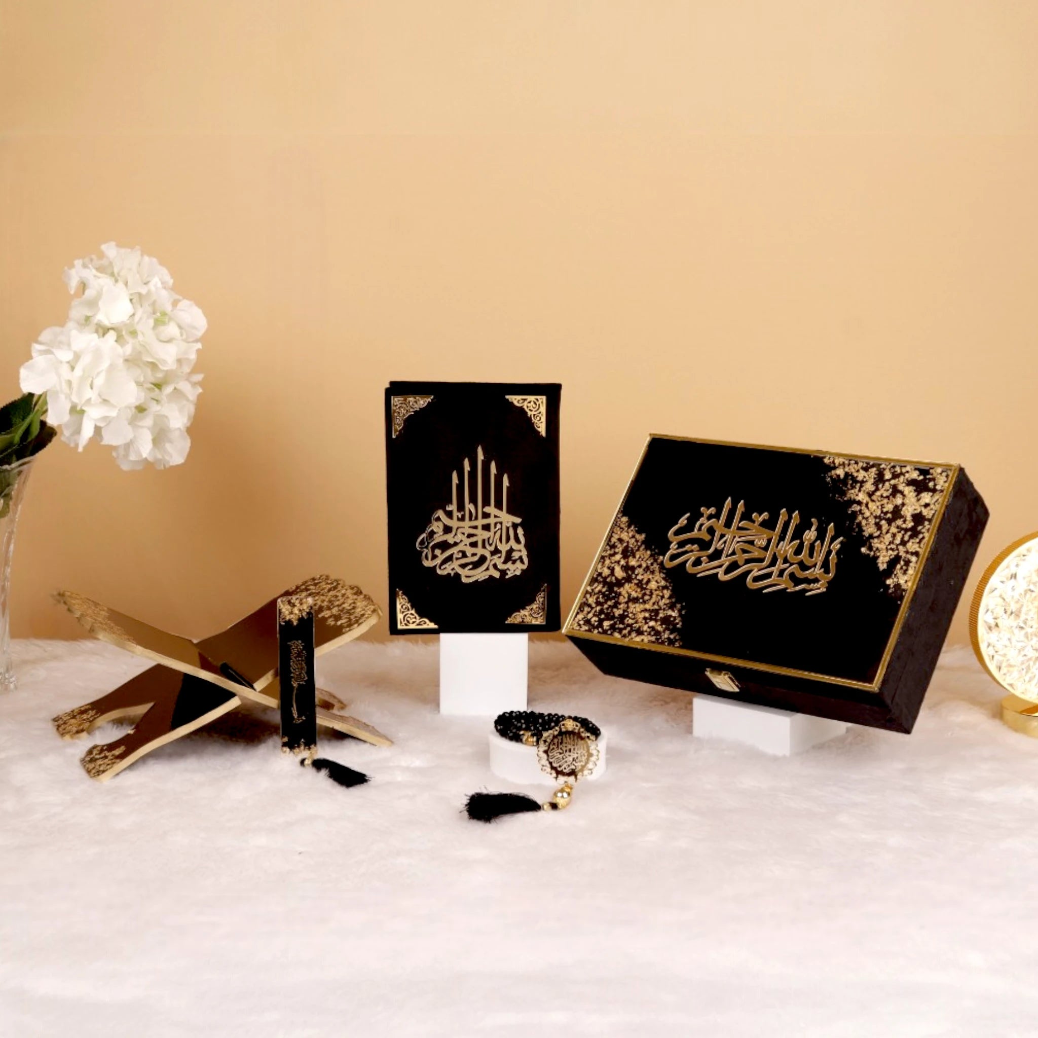 Bridal Hamper with Quran - Stunning Gift Set featuring black velvet Quran, gold-detailed Rehal, Tasbeeh, and bookmark in a luxury box. Main image