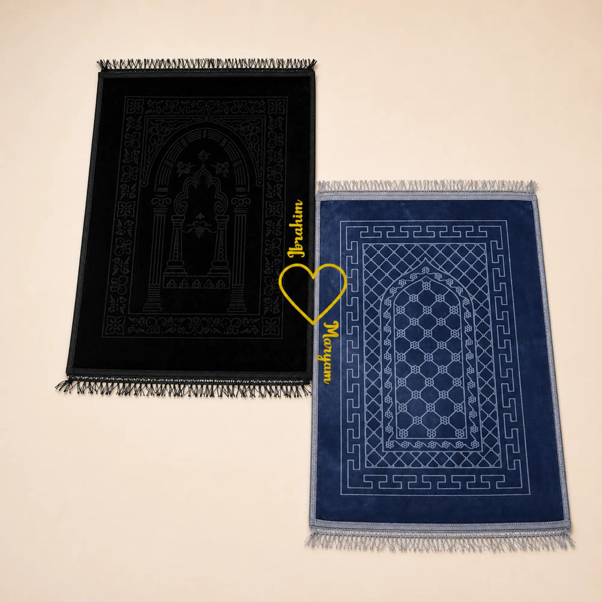Rectangle Couple Prayer Mat Set in black and grey with heart design, ideal for weddings or Islamic gifts. Soft, elegant, and gift-ready.