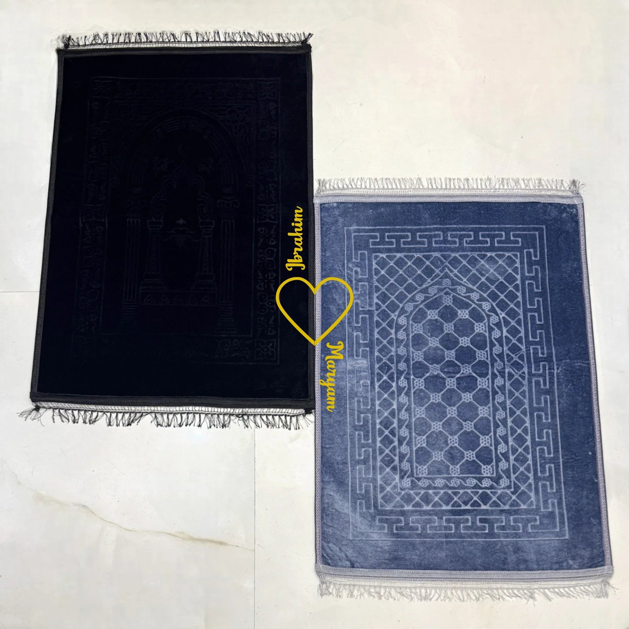 Rectangle Couple Prayer Mat Set in black and grey with heart design, ideal for weddings or Islamic gifts. Soft, elegant, and gift-ready. Main image