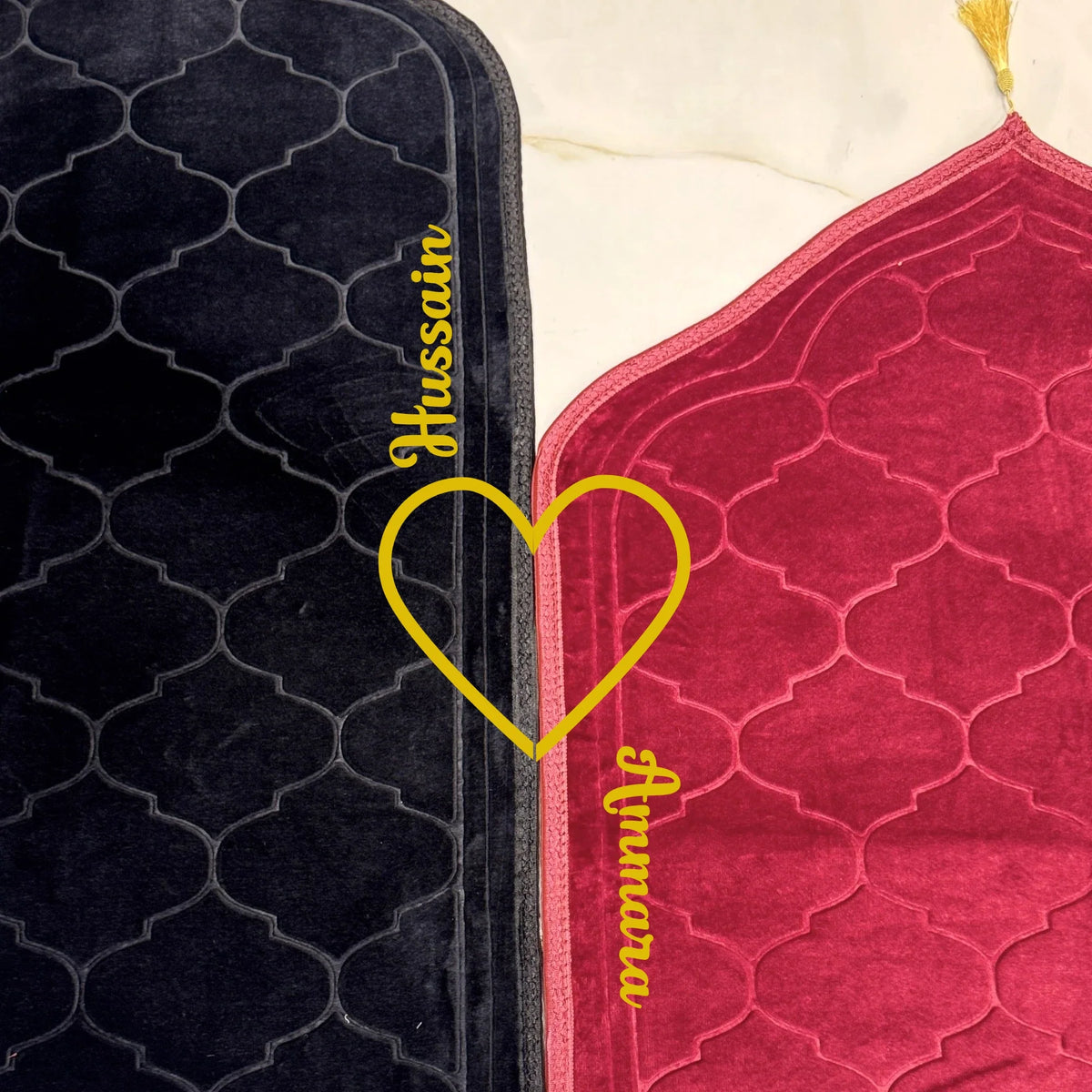 Close-up of personalized Black & Maroon Dome Couple Janamaz with heart and names, perfect Islamic wedding gift in designer prayer mat set.