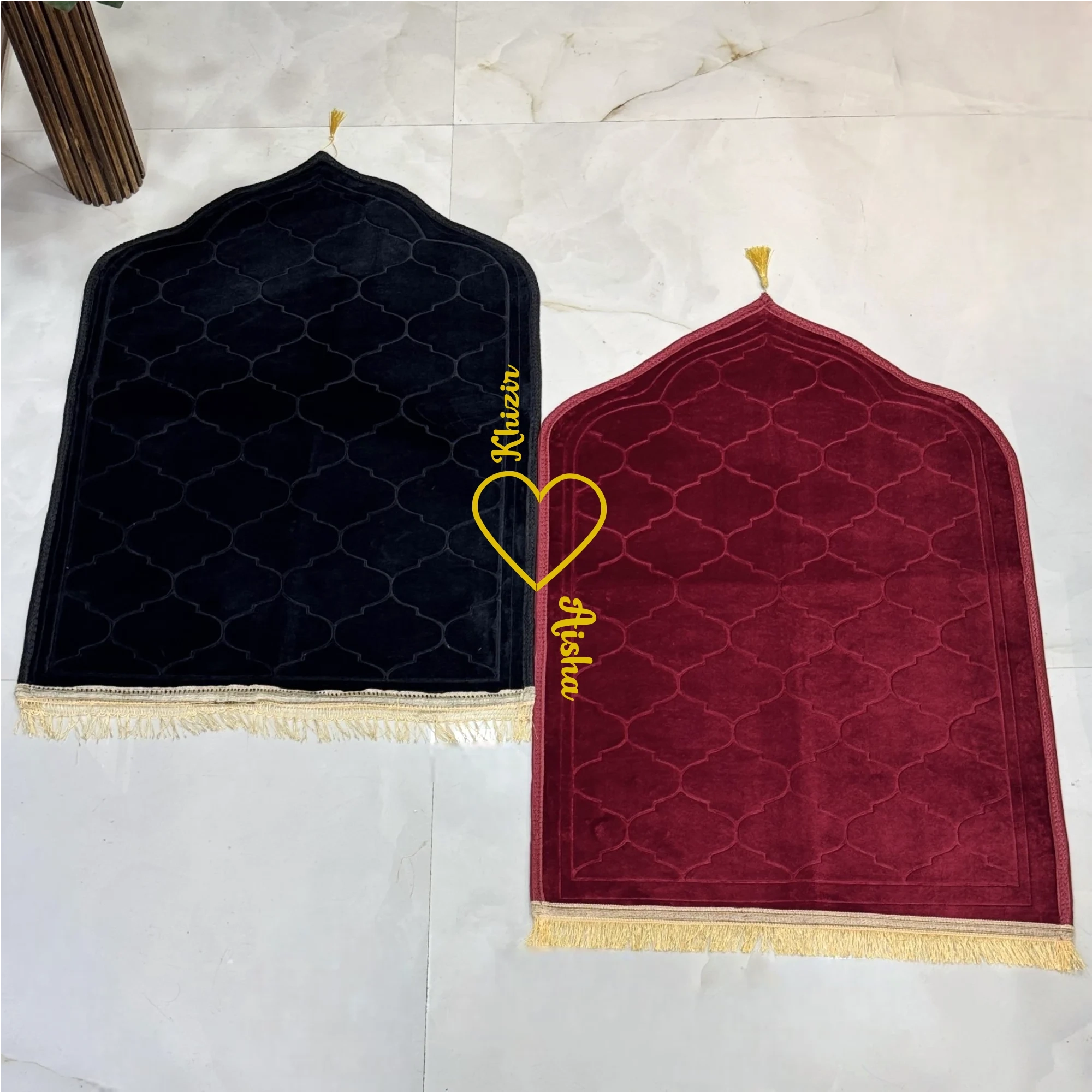 Black & Maroon Dome Couple Janamaz with heart design, ideal for wedding gifts. Designer prayer mats with names embroidered in yellow. Main image