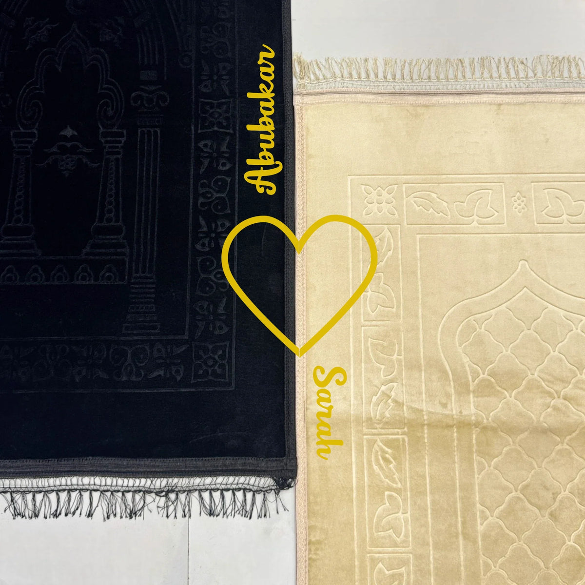 Personalized Couple Prayer Mat Set with names and heart motif, black and champagne gold Janamaz for weddings or religious gifting.