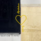 Personalized Couple Prayer Mat Set with names and heart motif, black and champagne gold Janamaz for weddings or religious gifting.