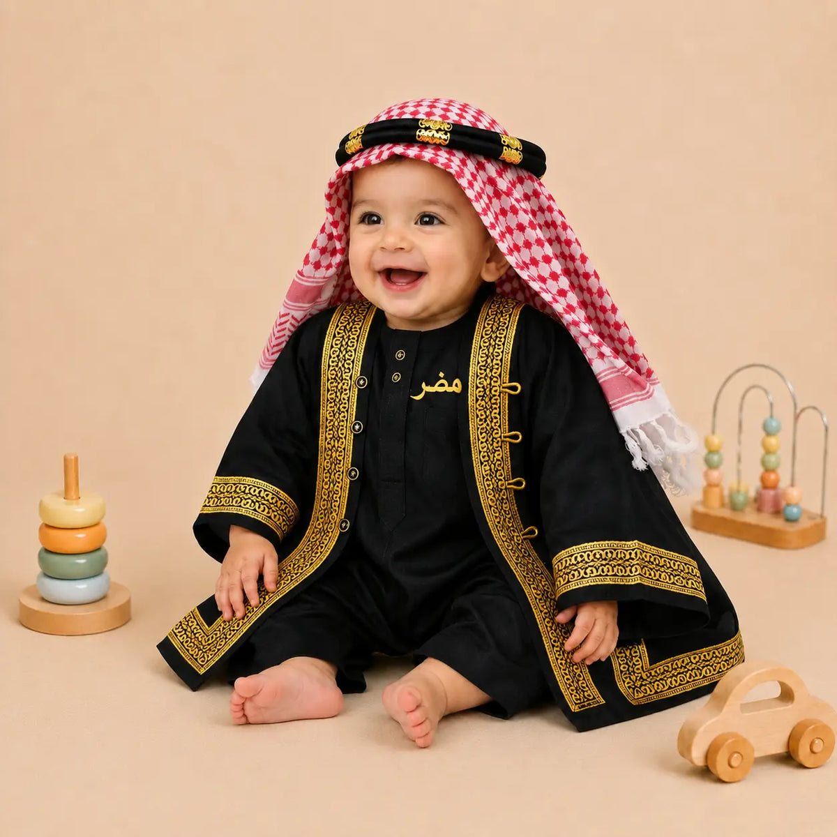 Black Omani Thobe Romper & Bisht Set for Baby Boys — view 4