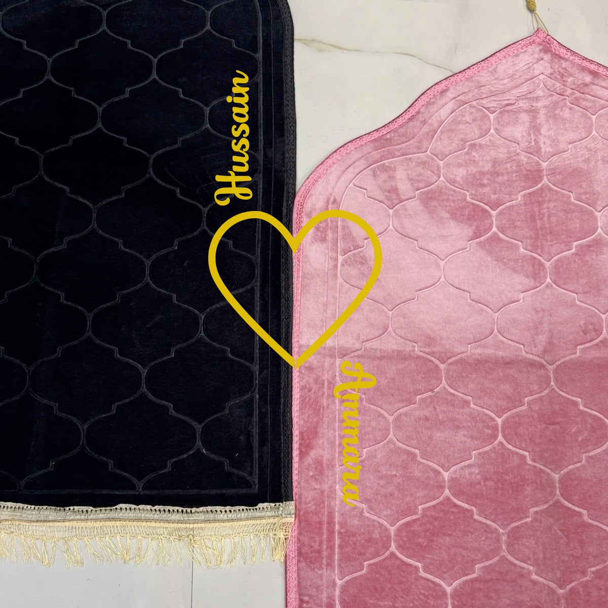 Personalized Black & Pink Dome Couple Janamaz with names and heart motif, perfect for Islamic bridal or wedding gifts.