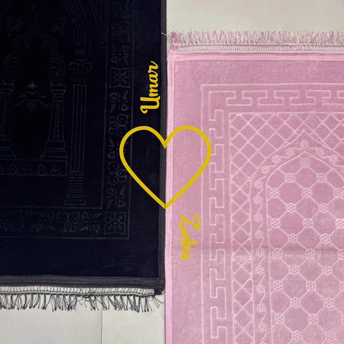 Personalized Couple Janamaz Prayer Mat Set in black and pink with names and heart motif, perfect for bridal gifts and Islamic ceremonies.