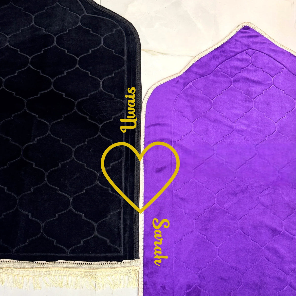Close-up of Dome Couple Janamaz Mats with personalized names and heart design, perfect bridal or wedding gift set.