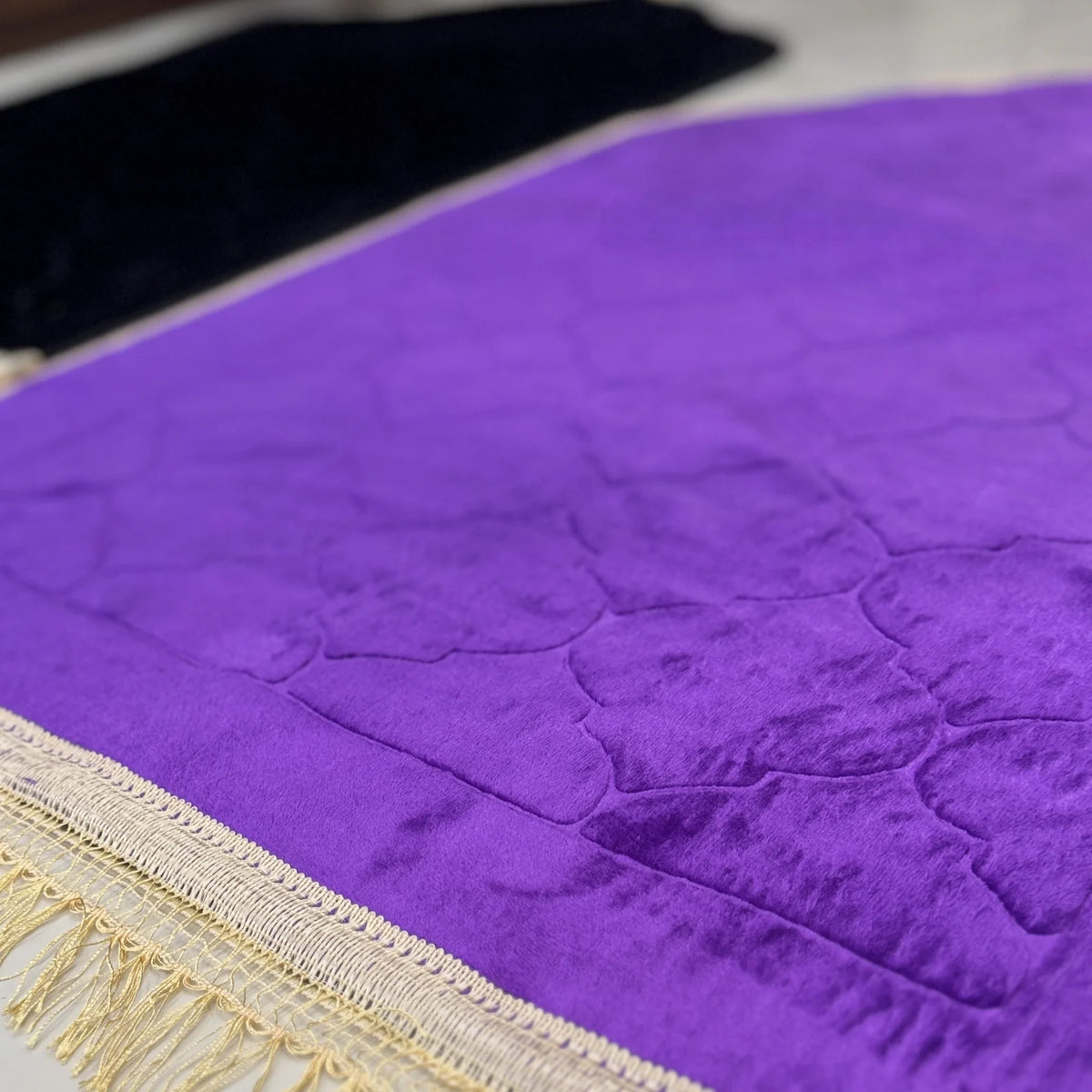 Soft purple Dome Janamaz Mat with elegant stitching and fringe, part of a couple prayer mat set for special occasions.