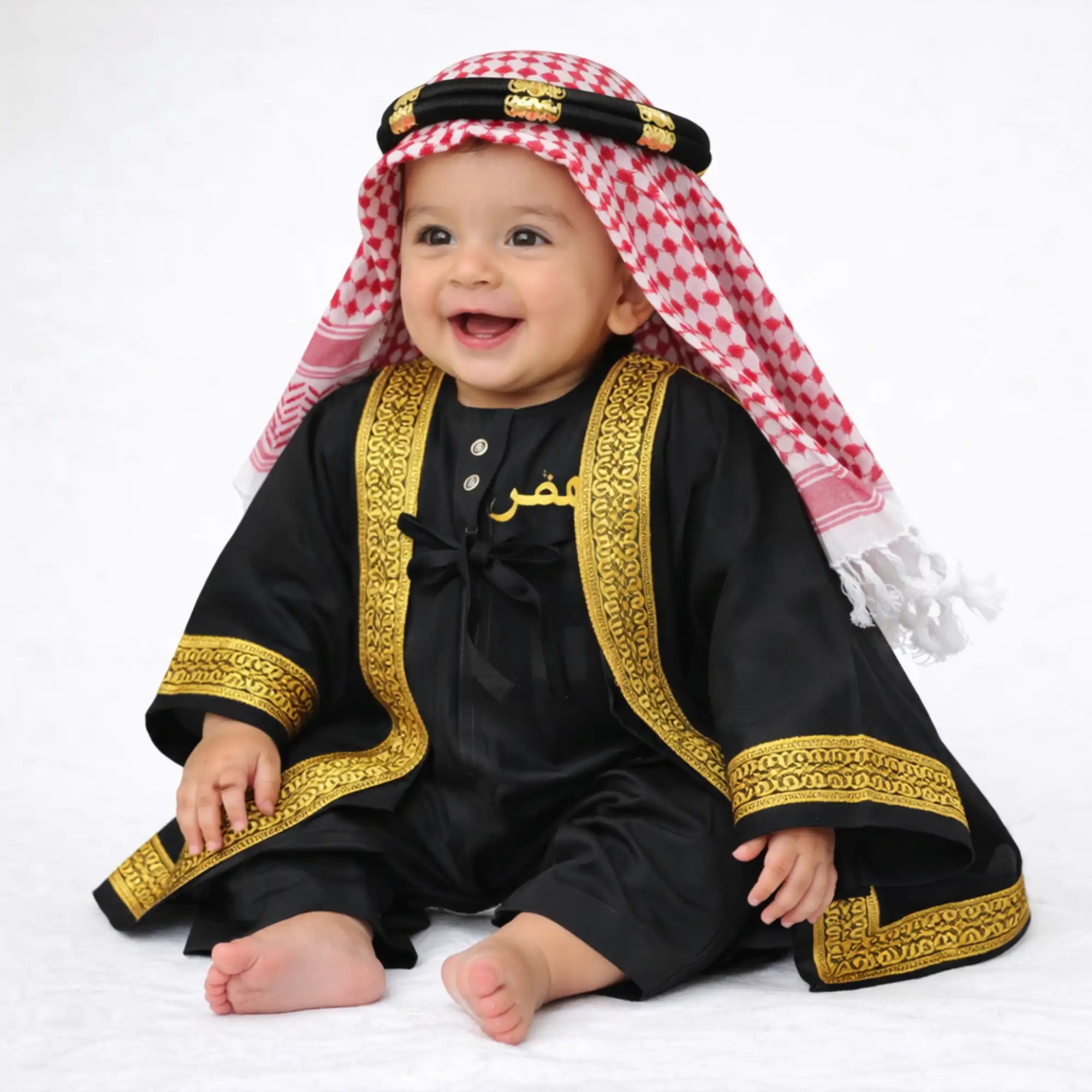 Black Omani Thobe Romper & Bisht Set for Baby Boys Main image