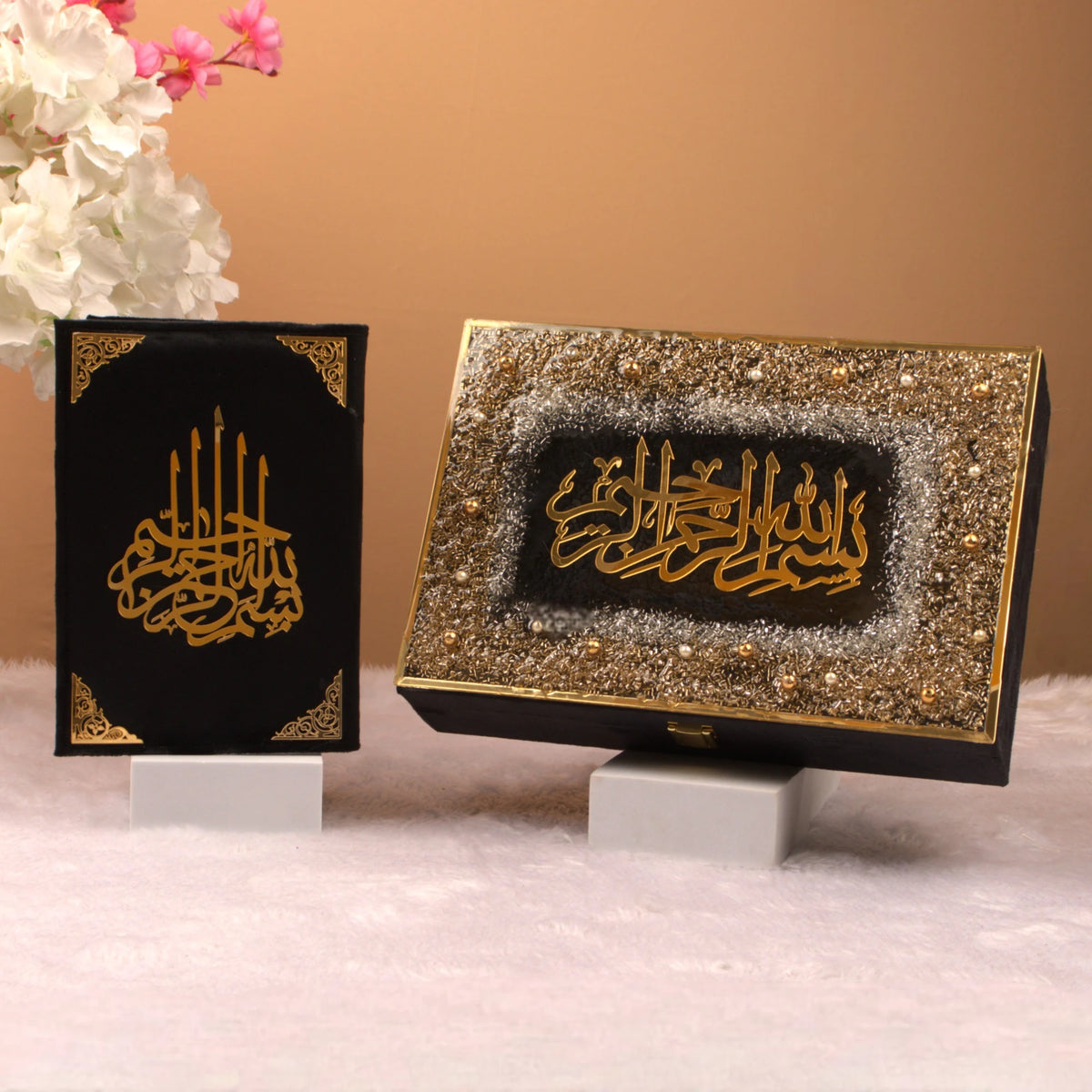 Luxury Quran Gift Set with black velvet Quran and embellished designer box from the Black Sequence Rehal Hamper collection.
