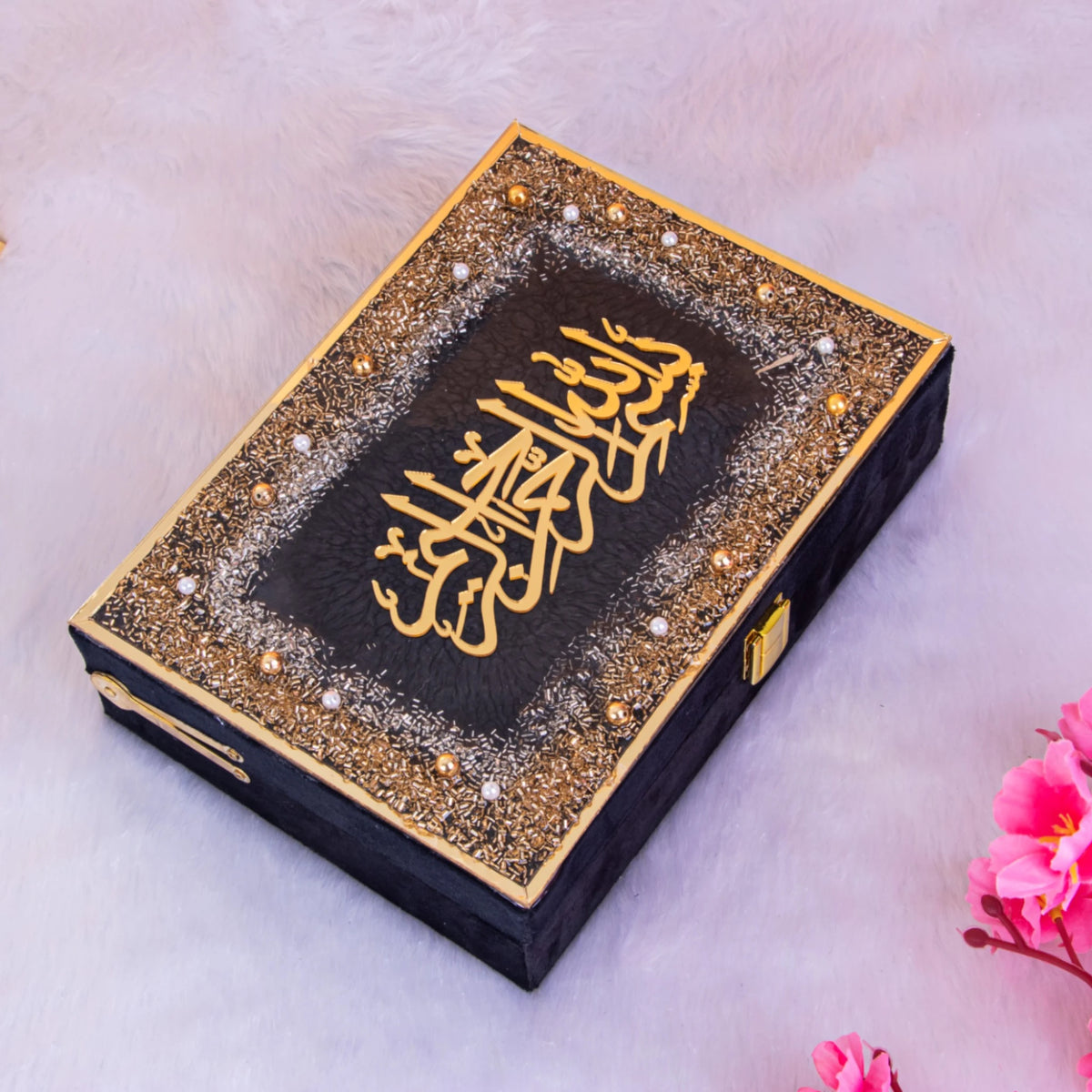 Elegant Black Sequence Tilawat-e-Quran gift box with intricate gold Arabic calligraphy, perfect for Ramadan or wedding ceremonies.