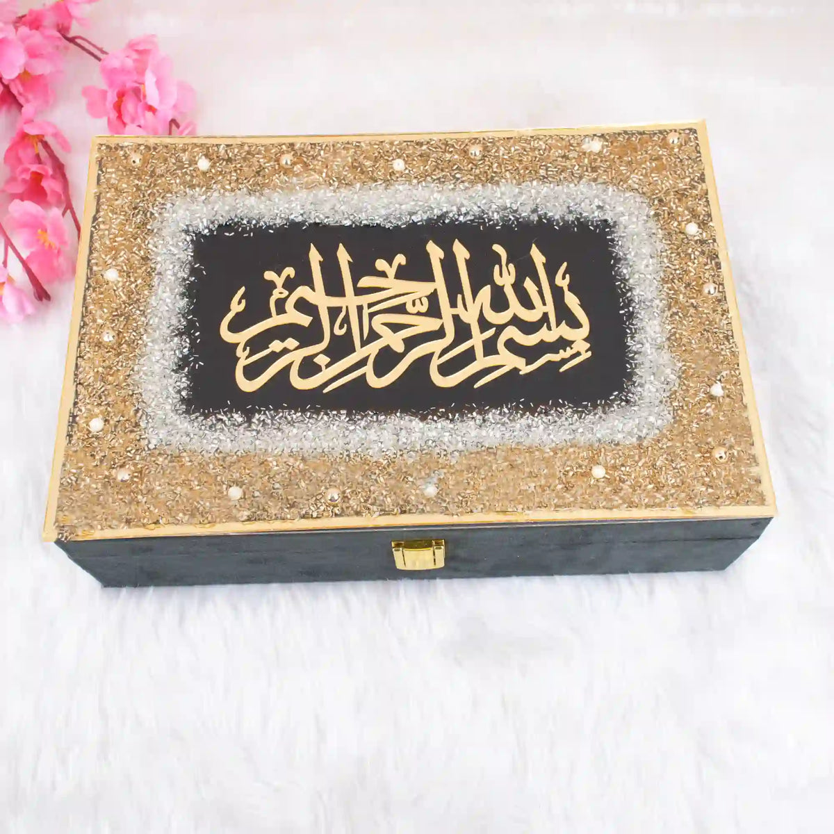 Elegant Black Sequence Tilawat-e-Quran gift box with intricate gold Arabic calligraphy, perfect for Ramadan or wedding ceremonies.