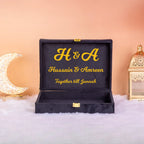 Personalized inner lid of the Sawab-e-Jariya bridal gift box with couple's names and message. Custom Islamic wedding gift option.