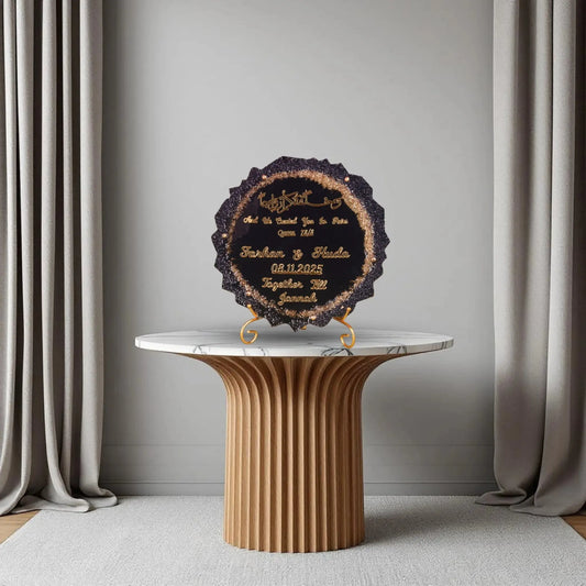 Personalized Black Sequence Couple Frame for Nikah and Wedding Gifts, showcased on a modern table with grey drapes, perfect for anniversary decor.