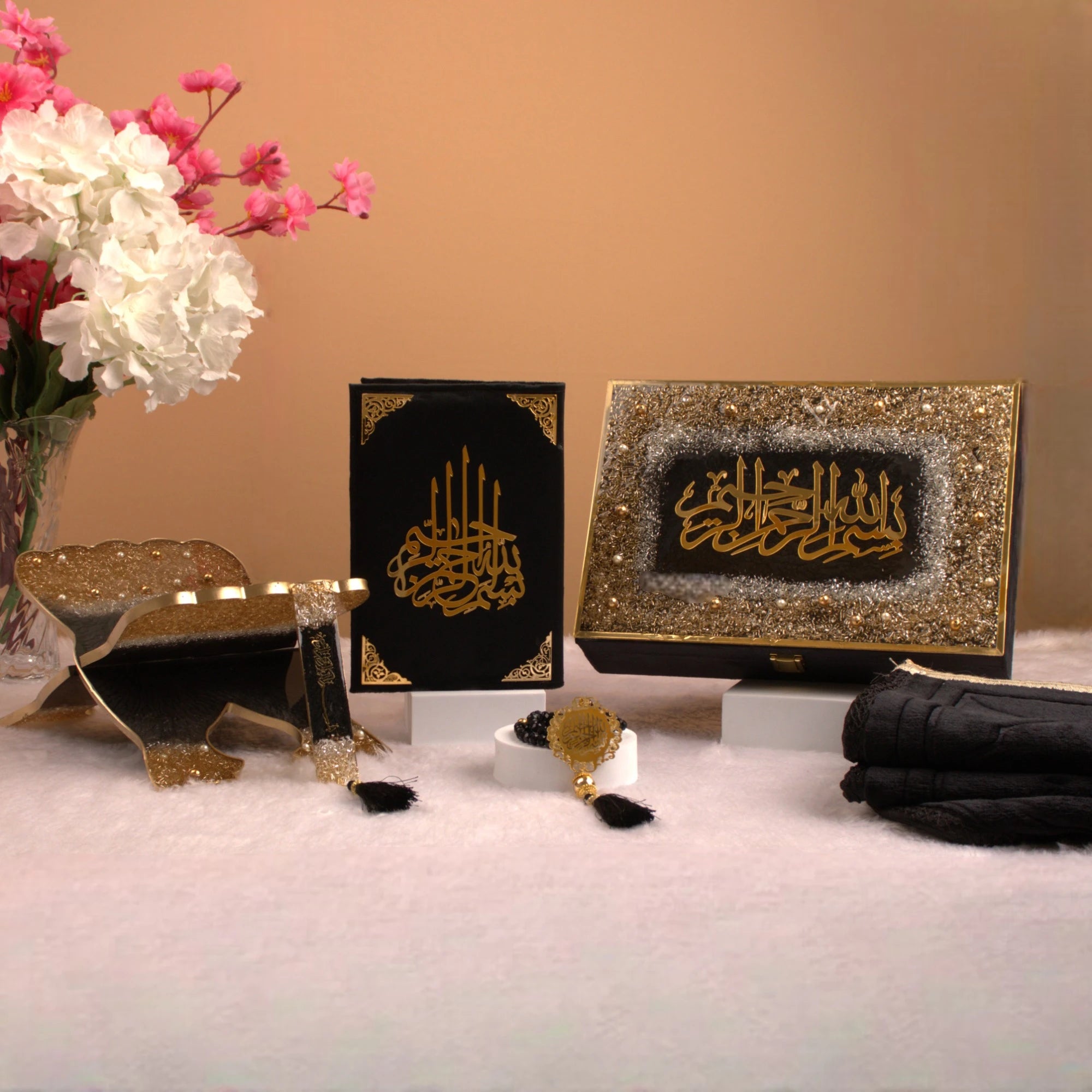 Black Hamper Sawab-E-Jariya featuring a velvet Quran, golden Rehal, Tasbeeh, and decorative box. Ideal Quran gift set for Eid, weddings, or Khatm-al-Quran. Main image