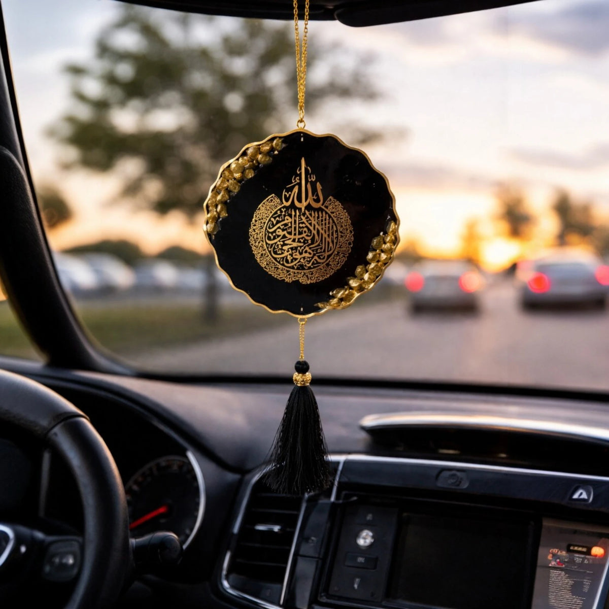 Black Duet Golden Flakes Car Hanging with Islamic design for vehicle decor