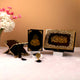 Black Stones Rehal Hamper - Premium Quran Gift Set Online featuring a velvet Quran, decorative Rehal, Tasbeeh, and bookmark on a soft surface.