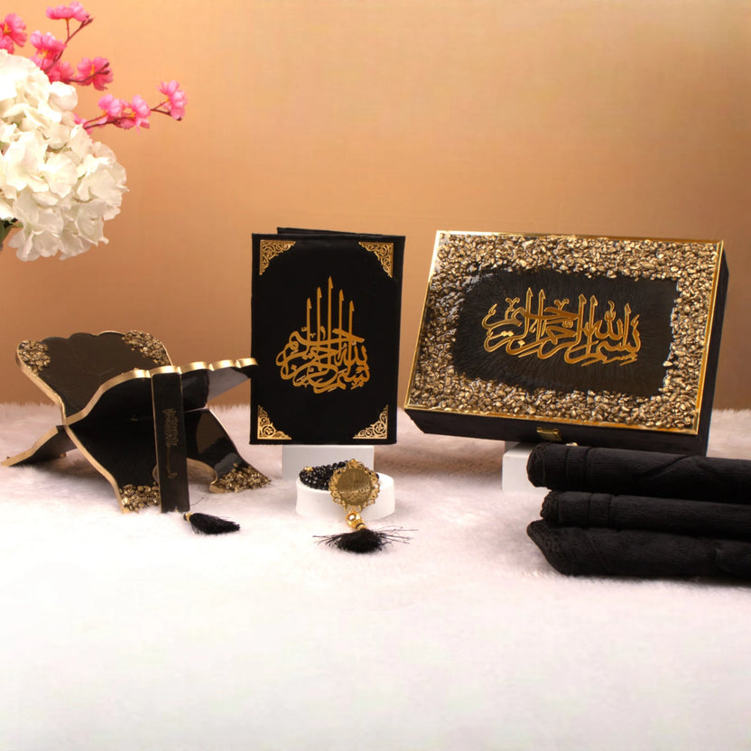 Elegant Black Stones Islamic Hamper with Quran, Rehal, Tasbeeh, and gift box. A perfect Quran gift set for weddings and spiritual occasions. Main image