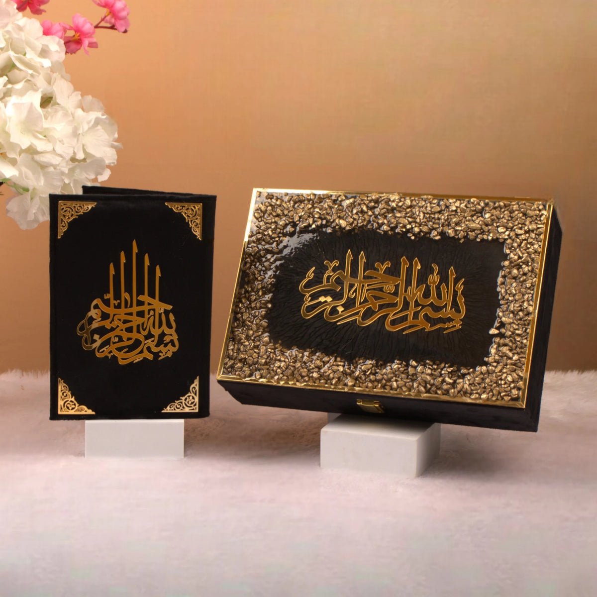 Elegant Black Stones Rehal Hamper with velvet Quran and embellished gift box, ideal for Islamic gifting and ceremonial occasions.