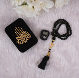 Elegant Velvet Tasbeeh Combo with 100-bead black Tasbeeh, digital counter, and decorative velvet box—ideal Islamic gift for Ramadan or Eid.