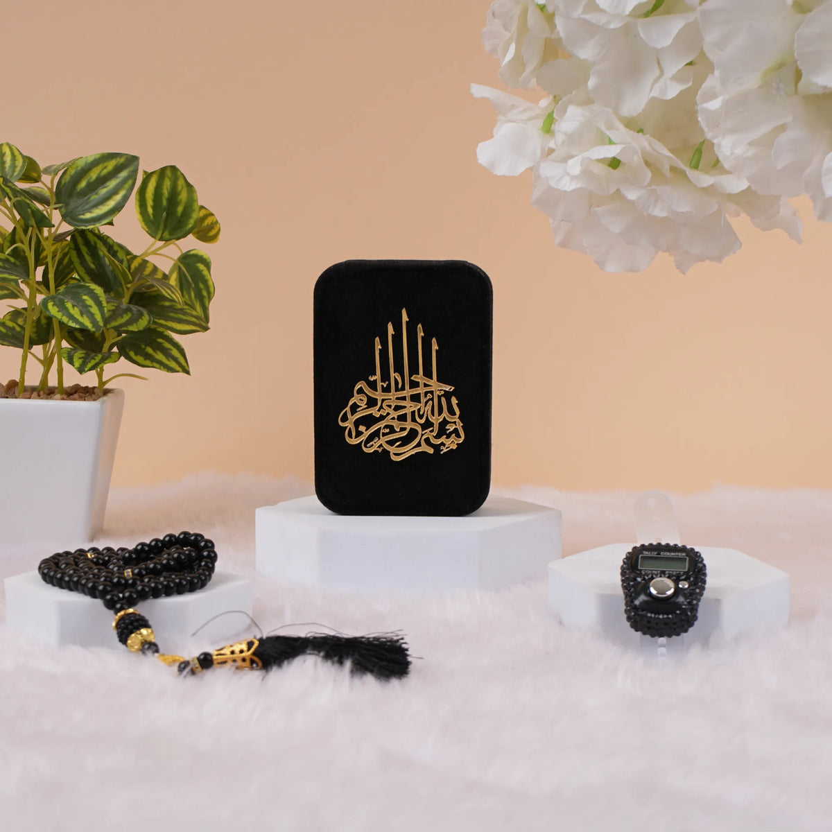 Velvet Tasbeeh Combo set displayed with black Tasbeeh, digital counter, and premium velvet box—perfect for spiritual gifting and devotion.