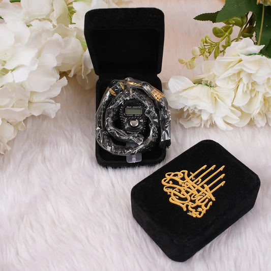 Velvet Tasbeeh Combo featuring a digital counter and black pearl prayer beads in a luxurious black velvet box with golden Islamic calligraphy.