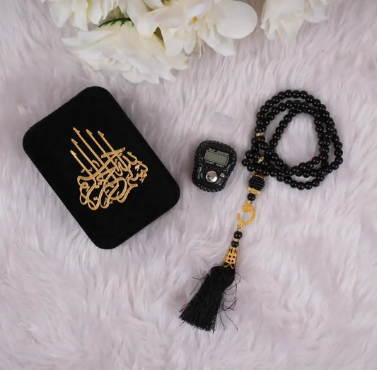 Elegant Velvet Tasbeeh Combo with 100-bead black Tasbeeh, digital counter, and decorative velvet box—ideal Islamic gift for Ramadan or Eid.