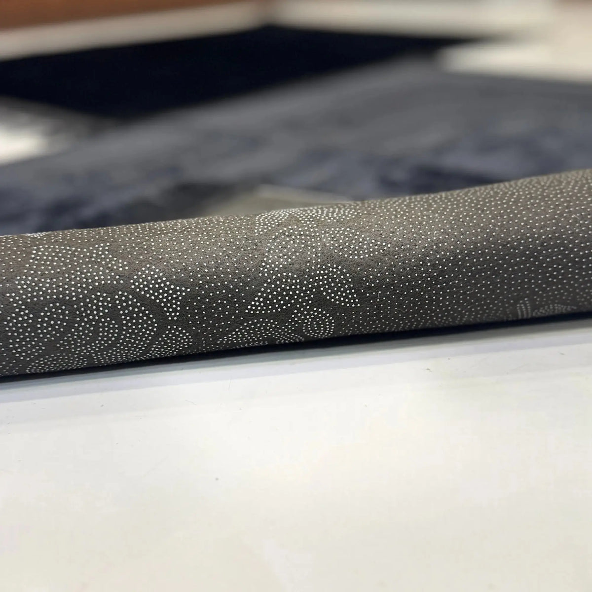Close-up of Couple Prayer Mat Set - Black Rectangle Janamaz showing soft fabric texture and elegant heart pattern, ideal for wedding or bridal gifts.
