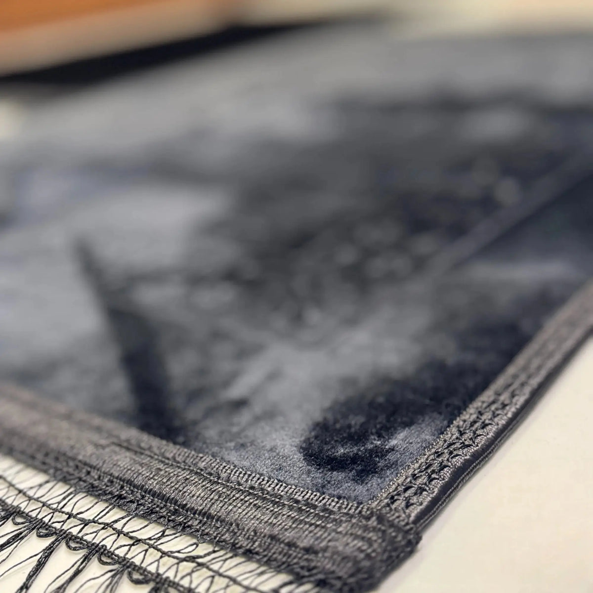 Couple Prayer Mat Set - Black Rectangle Janamaz with heart design, featuring soft velvet texture and elegant fringed edges for ceremonial use.