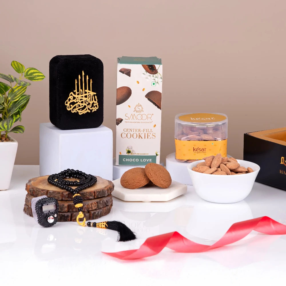 Black Velvet Gift Hamper for Ramadan with Tasbeeh, choco cookies, almonds, and Islamic decor. Ideal for Eid, Aqiqah, or housewarming gifts. Main image