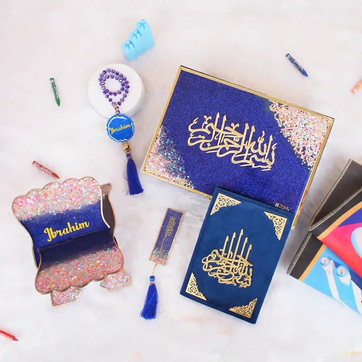 Blue glitter Islamic calligraphy gift box with tassel