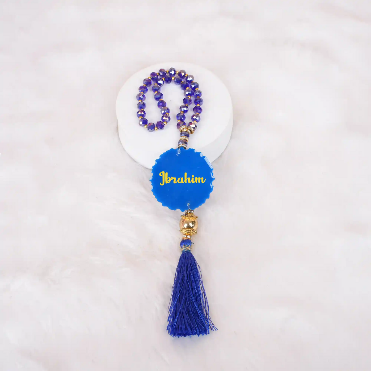 Blue beaded Islamic prayer tasbih with tassel for kids