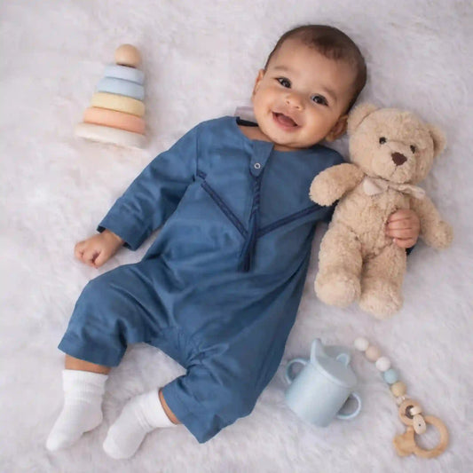Blue Thobe Romper for Baby Boys in Omani style with tassel detail, ideal for EID. Soft fabric baby outfit from Kids Islamic Wear collection.